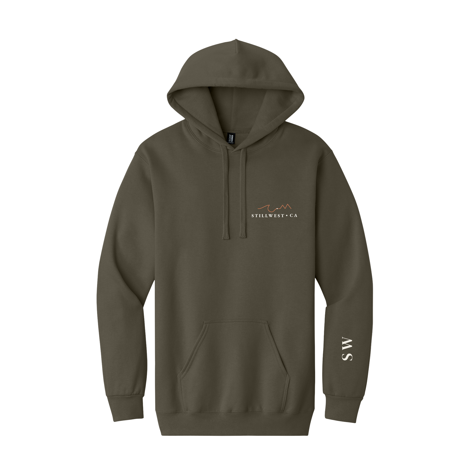 Olive Green hoodie with logo on a white background