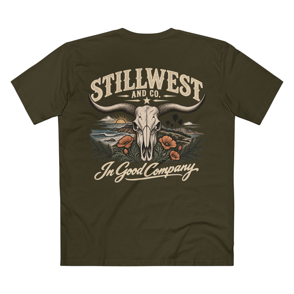 An olive green short-sleeve t-shirt shown from the back, featuring a large graphic print with a steer skull, longhorns, a sunset landscape, poppies, and the text 'STILLWEST AND CO.' and 'In Good Company'.
