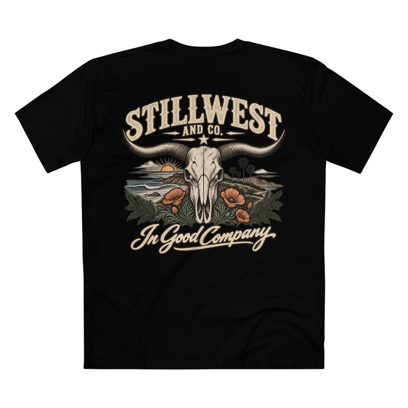 A black short-sleeve t-shirt shown from the back, featuring a large graphic print with a steer skull, longhorns, a sunset landscape, poppies, and the text 'STILLWEST AND CO.' and 'In Good Company'.