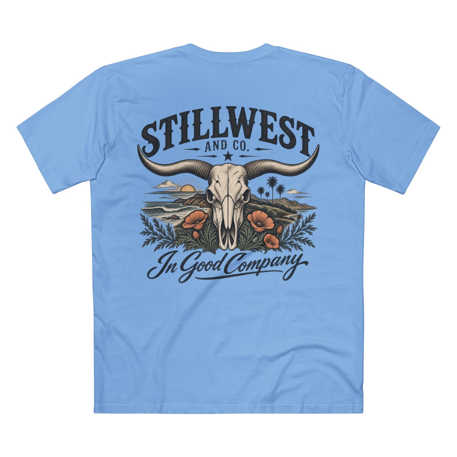 A light blue short-sleeve t-shirt shown from the back, featuring a large graphic print of a steer skull with long horns, desert scenery, and the text 'STILLWEST AND CO. In Good Company'.
