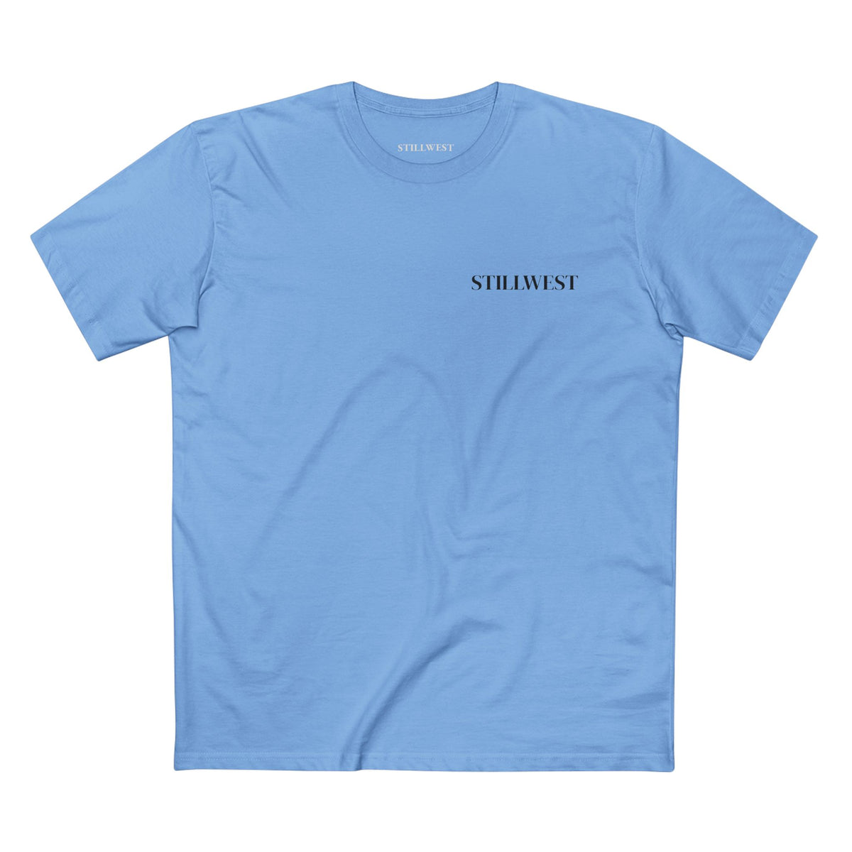 Light blue shirt with the word STILLWEST on the front