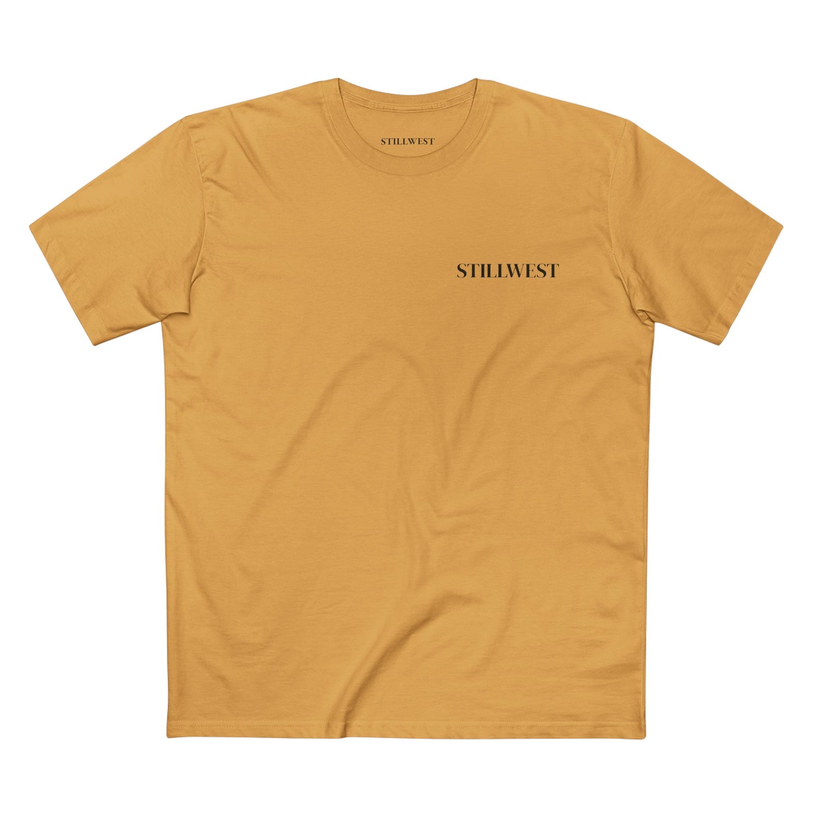 A mustard yellow short-sleeve crewneck t-shirt with the brand name 'STILLWEST' printed in black serif font on the left chest, displayed flat against a solid white background.