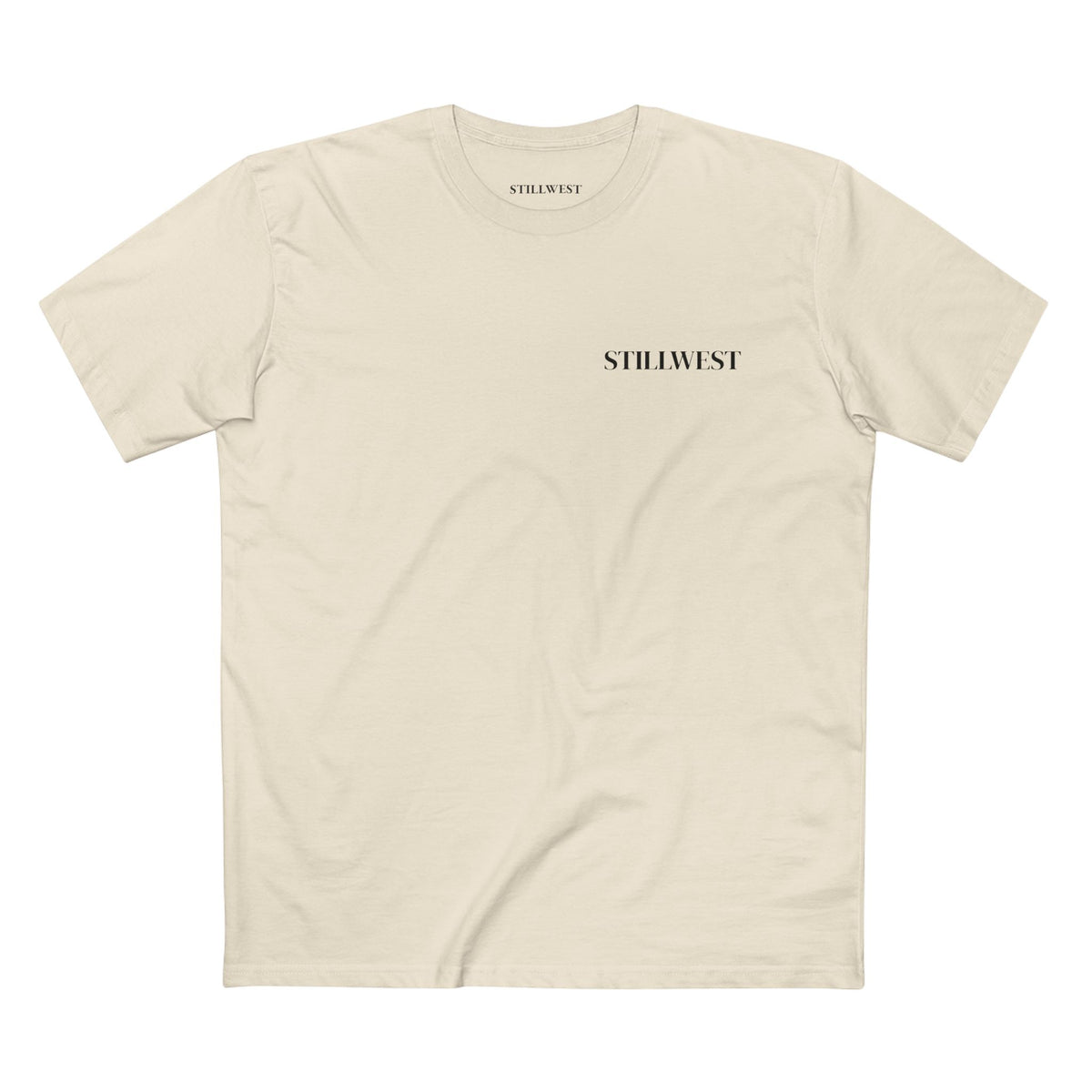 A cream-colored short-sleeve crewneck t-shirt with the brand name 'STILLWEST' printed in black serif font on the left chest, displayed flat against a solid white background.