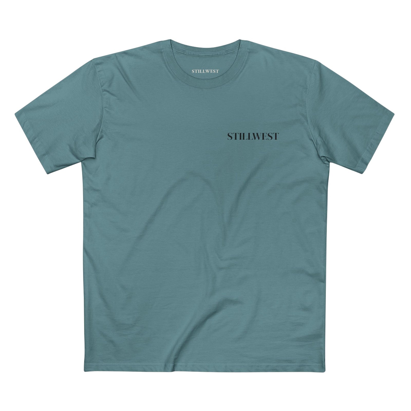 Teal t shirt with the word stillwest on the front