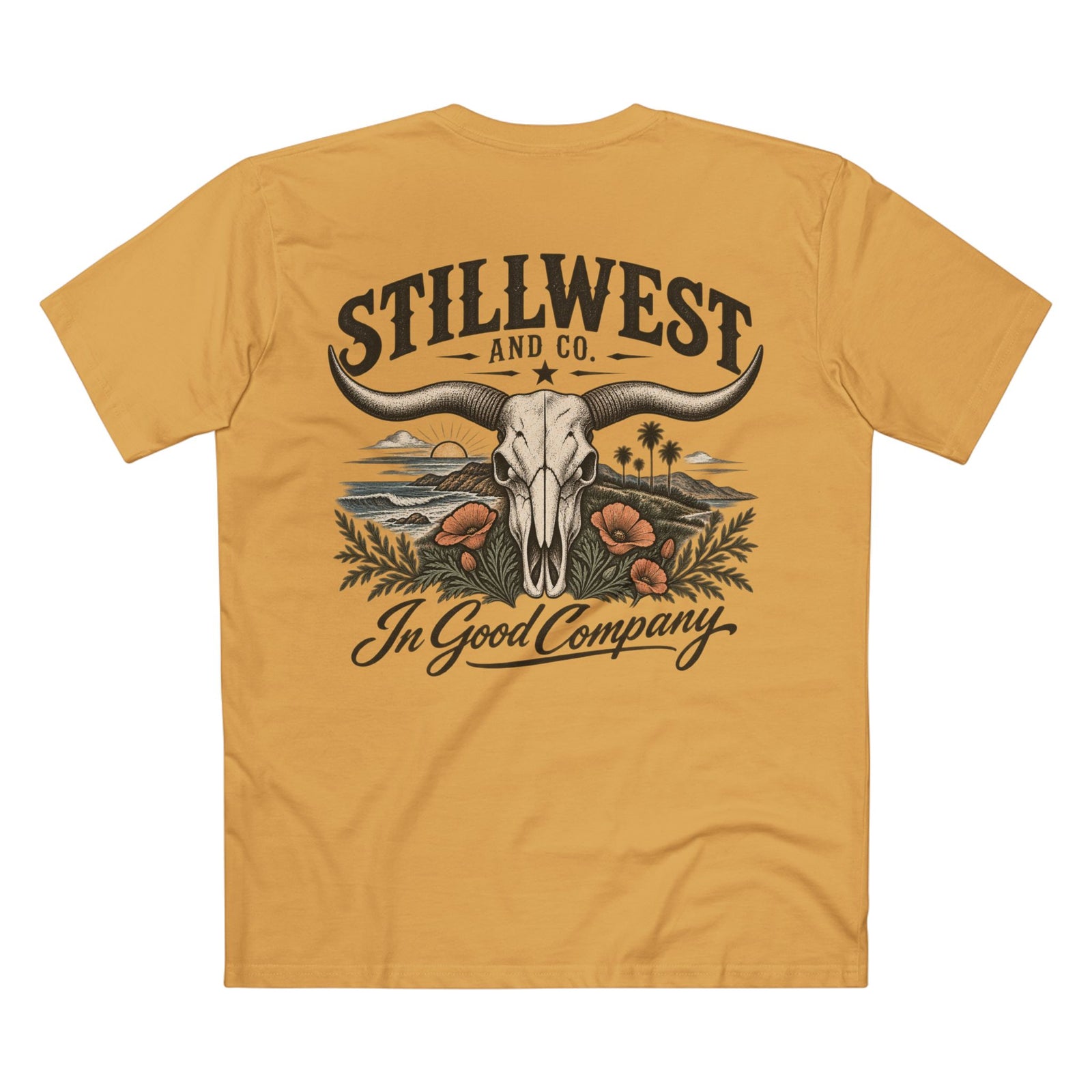 A mustard yellow t-shirt shown from the back, featuring a large graphic print of a longhorn skull, desert landscape, and the text 'STILLWEST AND CO. In Good Company'.