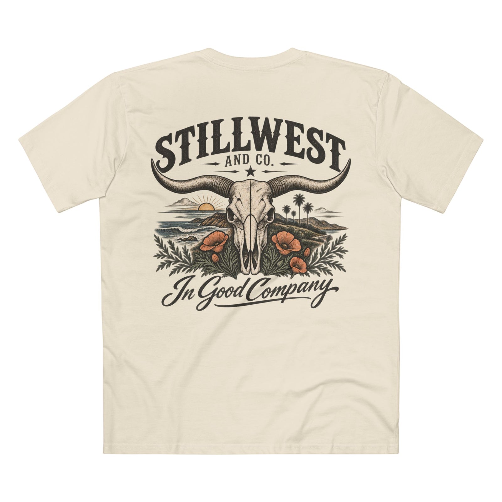 A cream-colored short-sleeve t-shirt shown from the back, featuring a large graphic print of a steer skull, a longhorn, a desert landscape, and the text 'STILLWEST AND CO. In Good Company'.