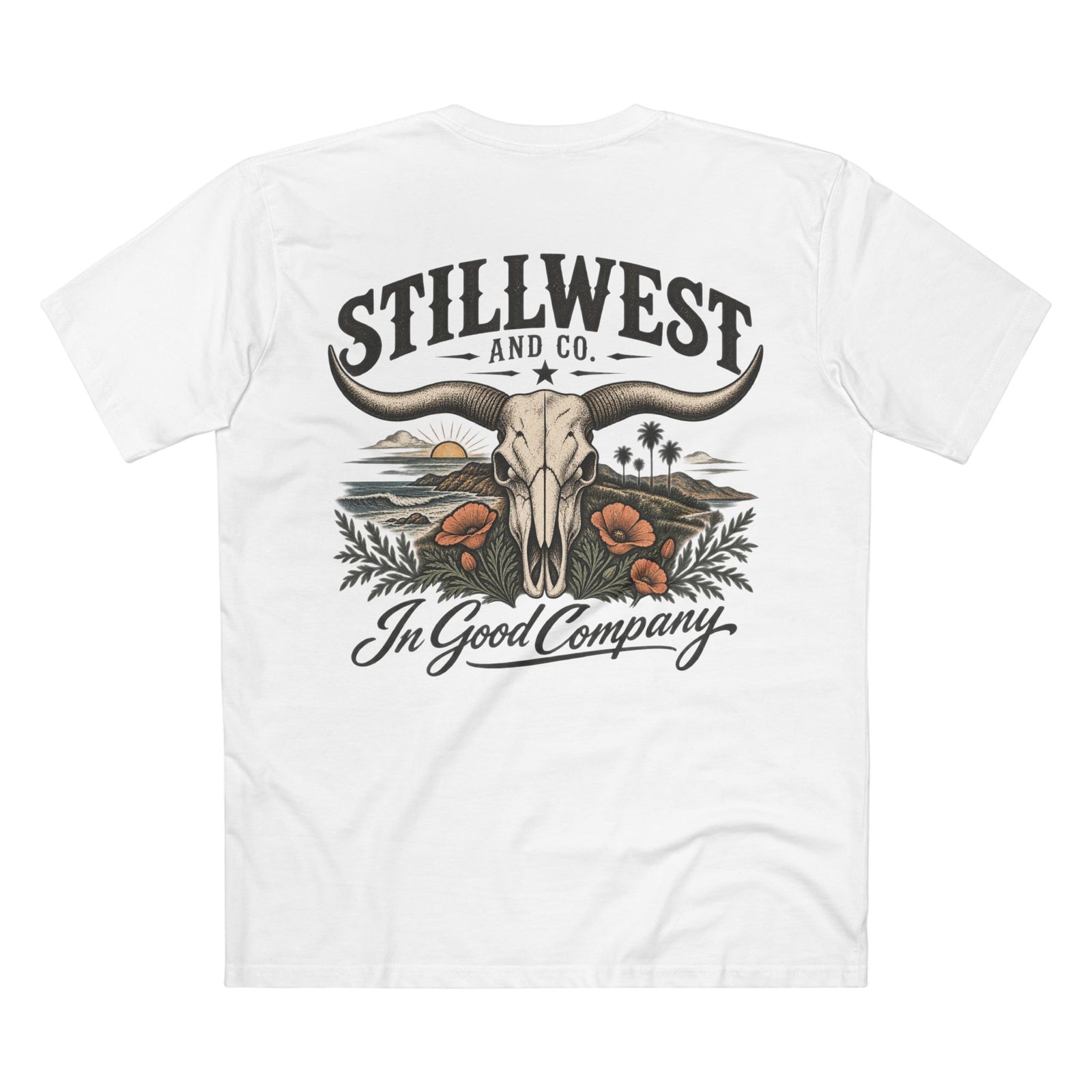 A white short-sleeve t-shirt shown from the back, featuring a large graphic print of a longhorn skull, desert landscape, and the text 'STILLWEST AND CO. In Good Company'.