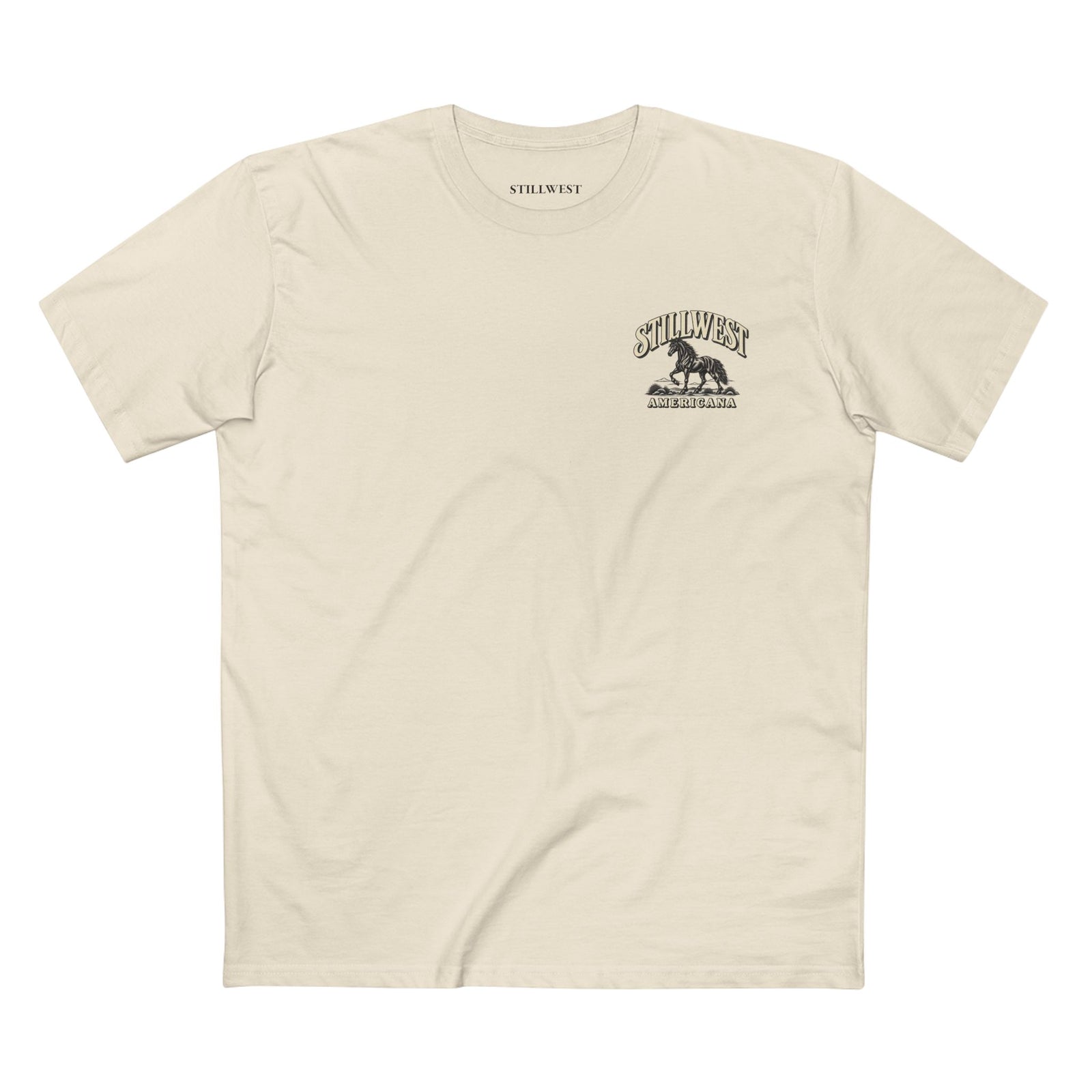 Natural color t shirt with the words STILLWEST AMERICANA and a Mustang Horse on it.