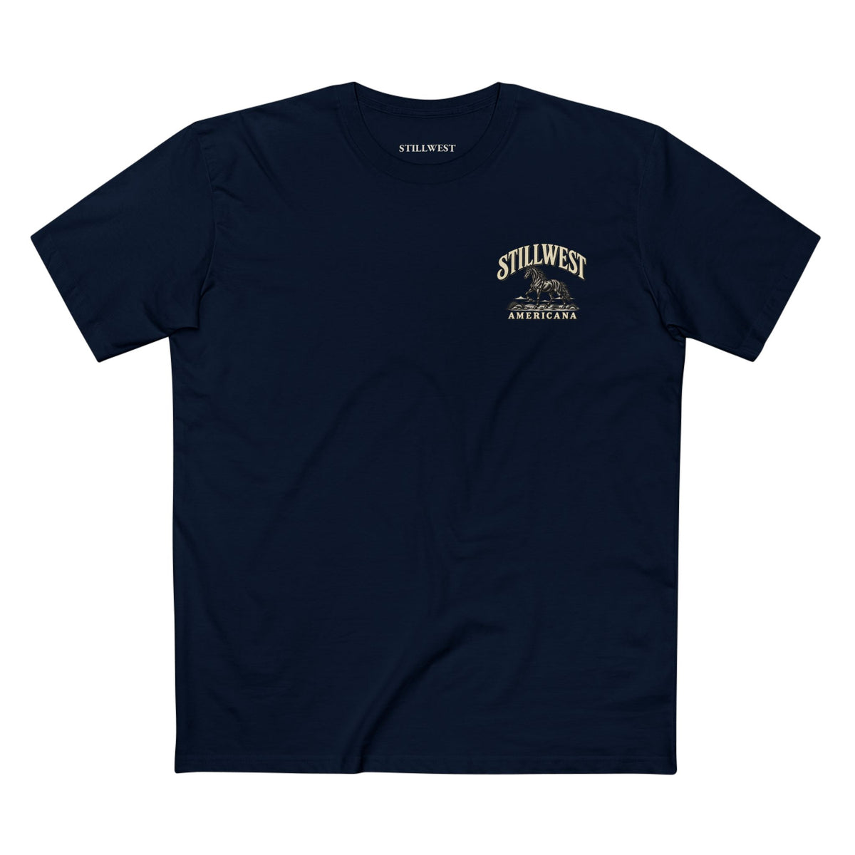 A navy blue short-sleeve crewneck t-shirt with a vintage-style 'StillWest Americana' graphic printed in gold on the left chest, displayed flat against a solid white background.