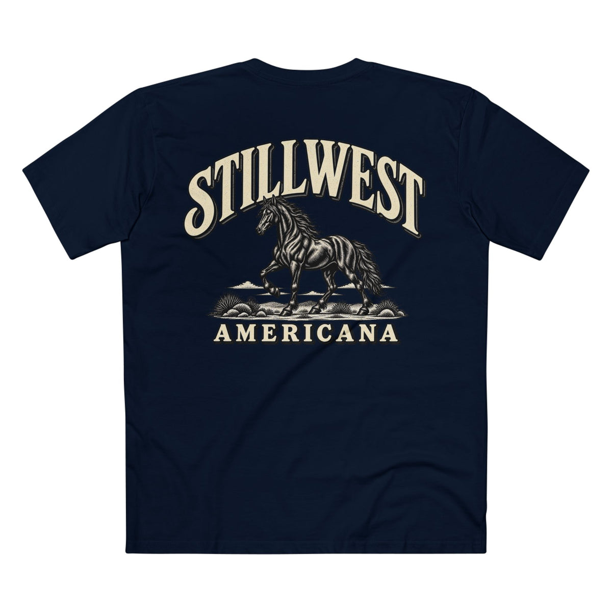 A navy blue short-sleeve t-shirt with a large graphic on the back featuring the words 'STILLWEST AMERICANA' in cream lettering and a black-and-white Mustang Horse illustration.