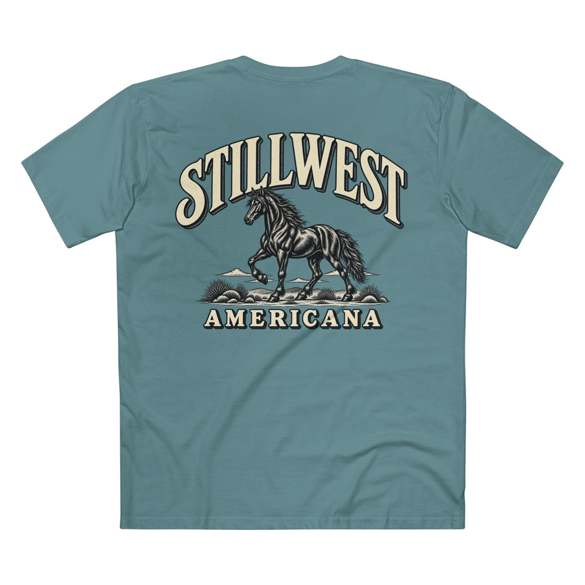 A teal blue short-sleeve t-shirt shown from the back, featuring a large graphic print of a black horse with the text 'STILLWEST AMERICANA' in cream and dark gray.