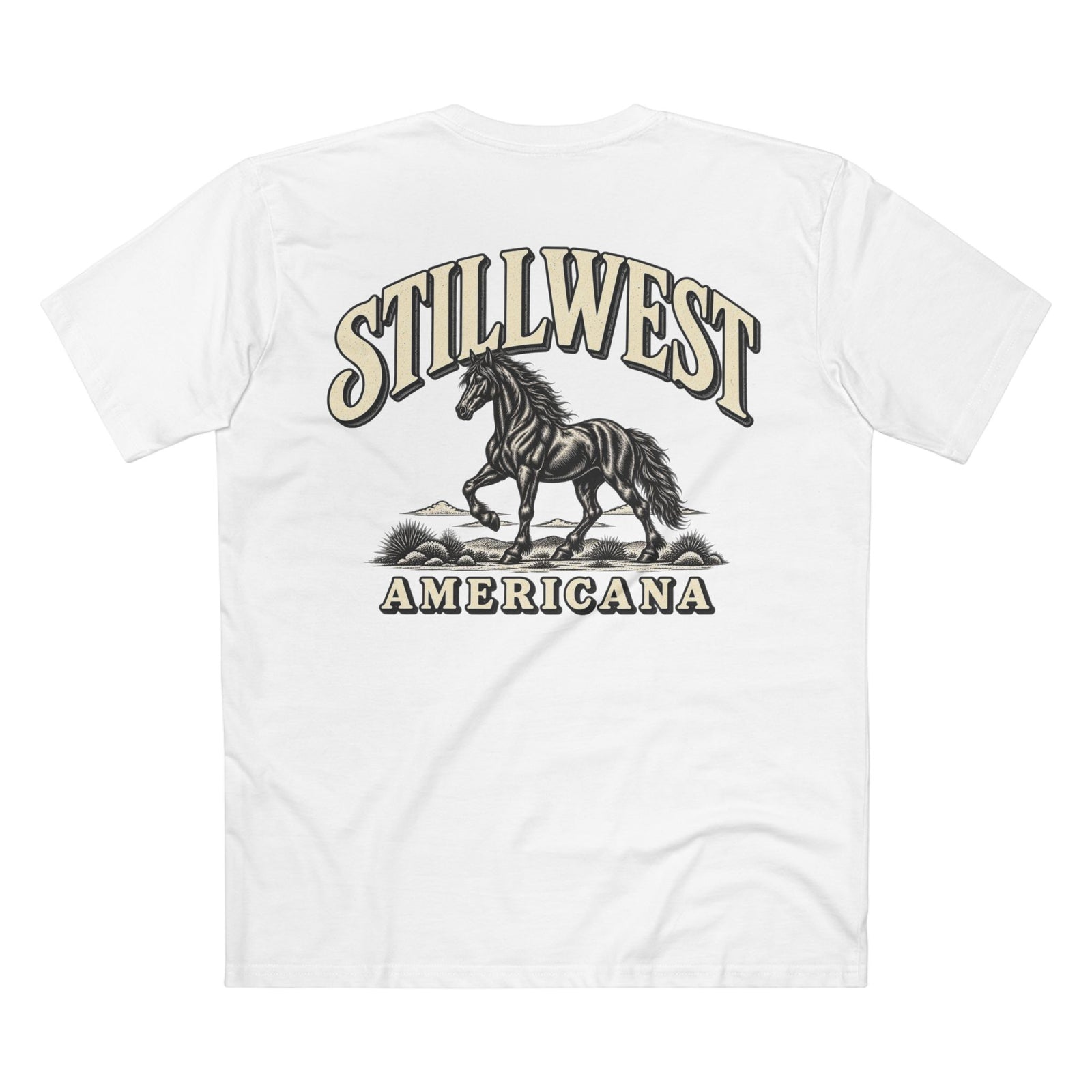 White short-sleeve t-shirt showing the back graphic with the words 'STILLWEST AMERICANA' and a black-and-cream horse illustration.