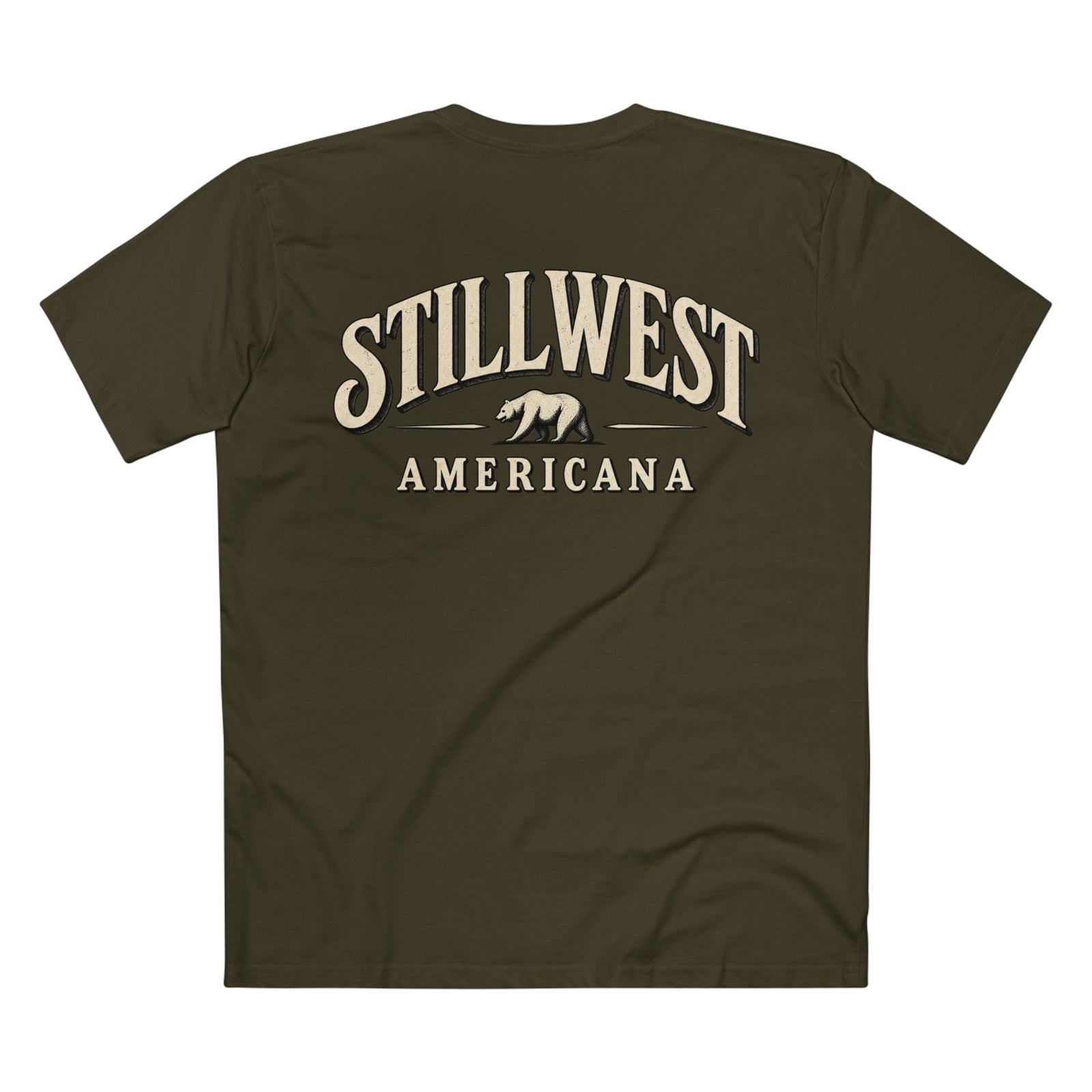 An olive green short-sleeve t-shirt shown from the back, featuring a cream-colored graphic print that reads 'STILLWEST AMERICANA' with a grizzly bear silhouette in the center.