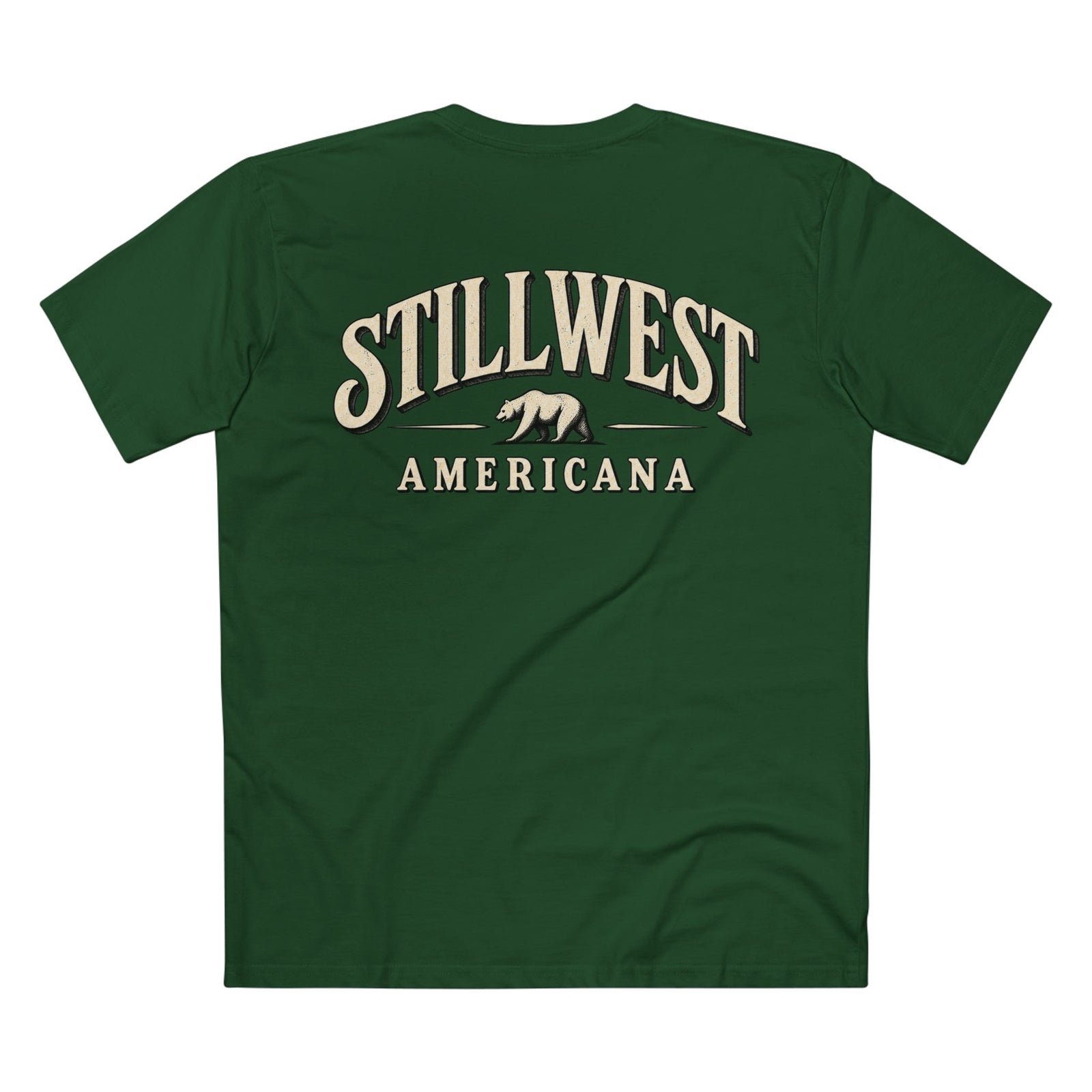 A dark green short-sleeve t-shirt shown from the back, featuring a cream-colored graphic print that reads 'STILLWEST AMERICANA' with a bear silhouette in the center.