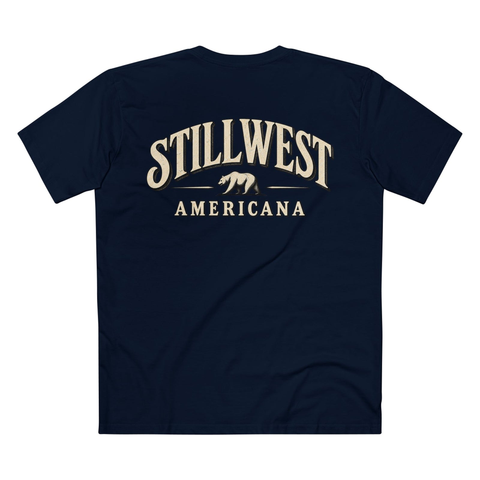 A navy blue short-sleeve t-shirt shown from the back, featuring a distressed cream-colored graphic print that reads 'STILLWEST AMERICANA' with a bear silhouette in the center, on a plain white background.