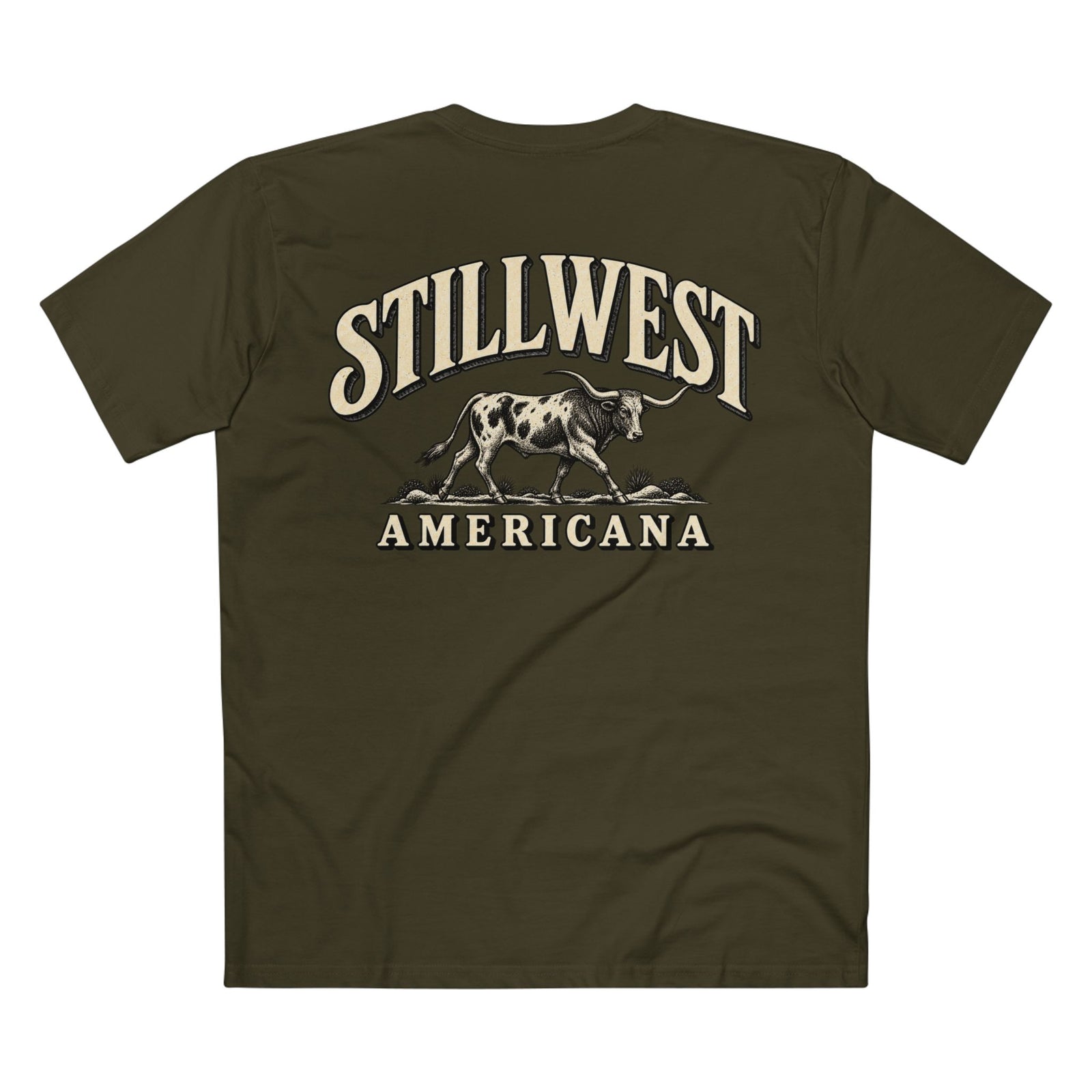 An olive green short-sleeve t-shirt shown from the back, featuring a large graphic print of a longhorn steer and the words 'STILLWEST AMERICANA' in cream-colored lettering.