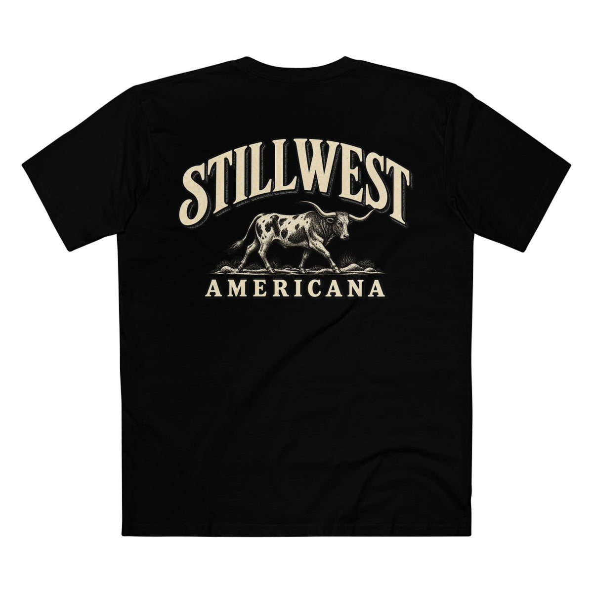 A black short-sleeve t-shirt with a vintage-style cream graphic on the back featuring the text 'STILLWEST AMERICANA' and an illustration of a steer.