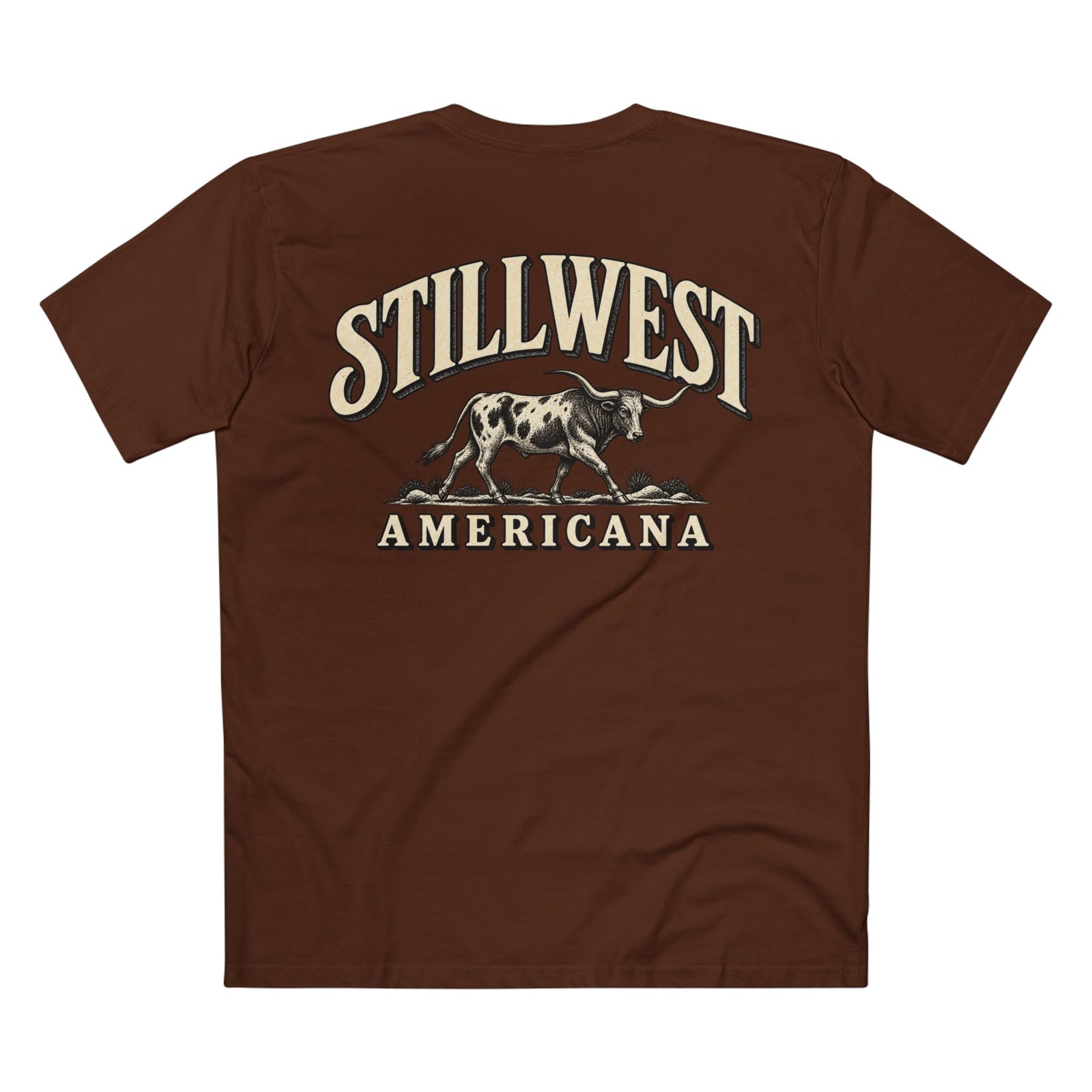 A brown short-sleeve t-shirt shown from the back, featuring a vintage-style graphic with the words 'STILLWEST AMERICANA' and an illustration of a longhorn bull in cream and black.