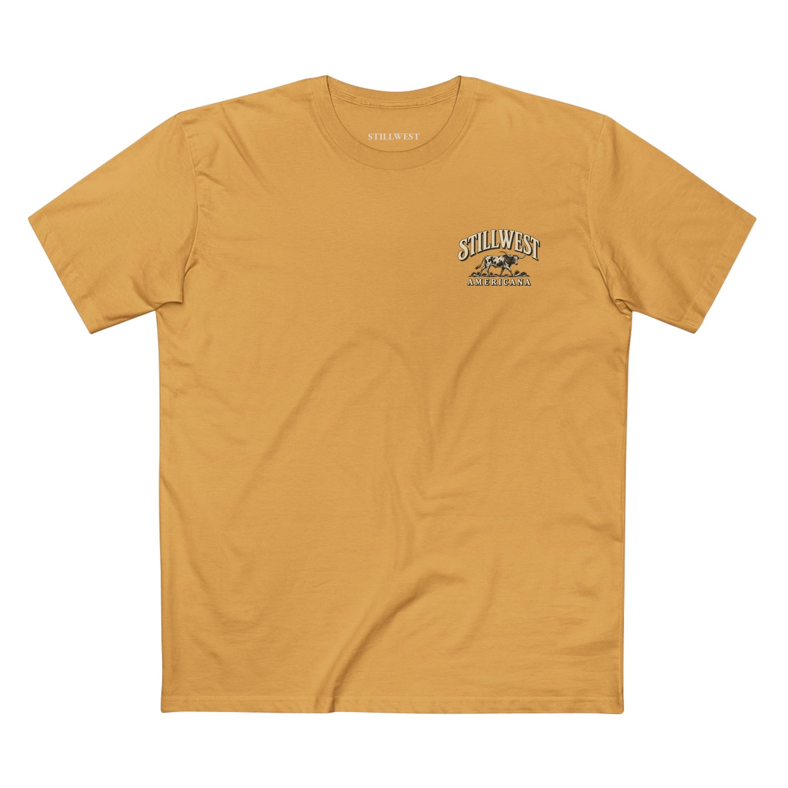 A mustard yellow crewneck t-shirt with a small 'Still West' graphic printed on the left chest, displayed flat against a solid white background.