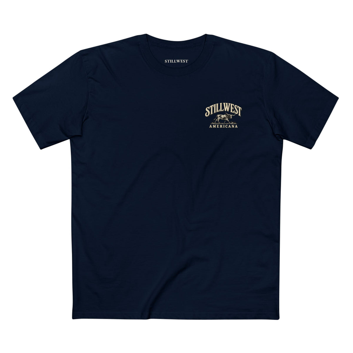 A navy blue short-sleeve crewneck t-shirt with a small gold 'Still West Americana' logo printed on the left chest, displayed flat against a solid white background.