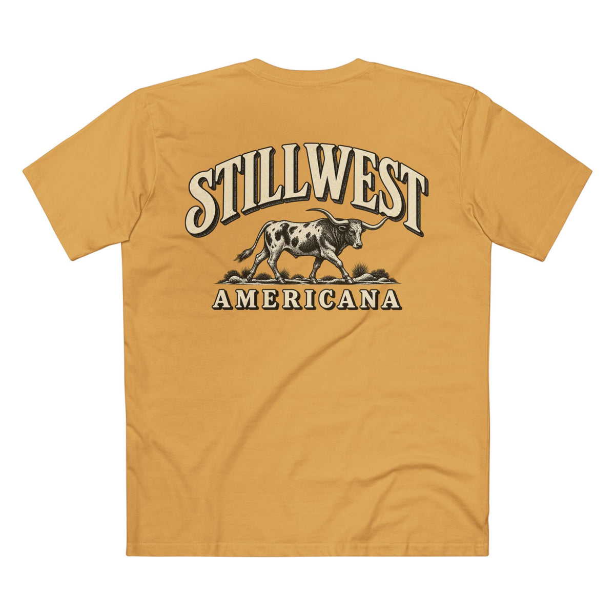 A mustard yellow t-shirt shown from the back, featuring a large graphic print of a steer with the text 'STILLWEST AMERICANA' in a western-style font.