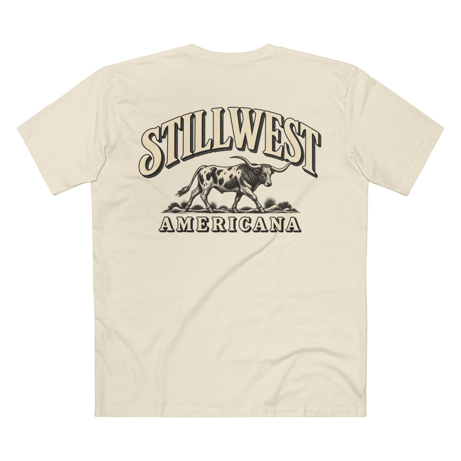 A cream-colored short-sleeve t-shirt shown from the back, featuring a large graphic print of a steer with the text 'STILLWEST AMERICANA' in a western-style font.