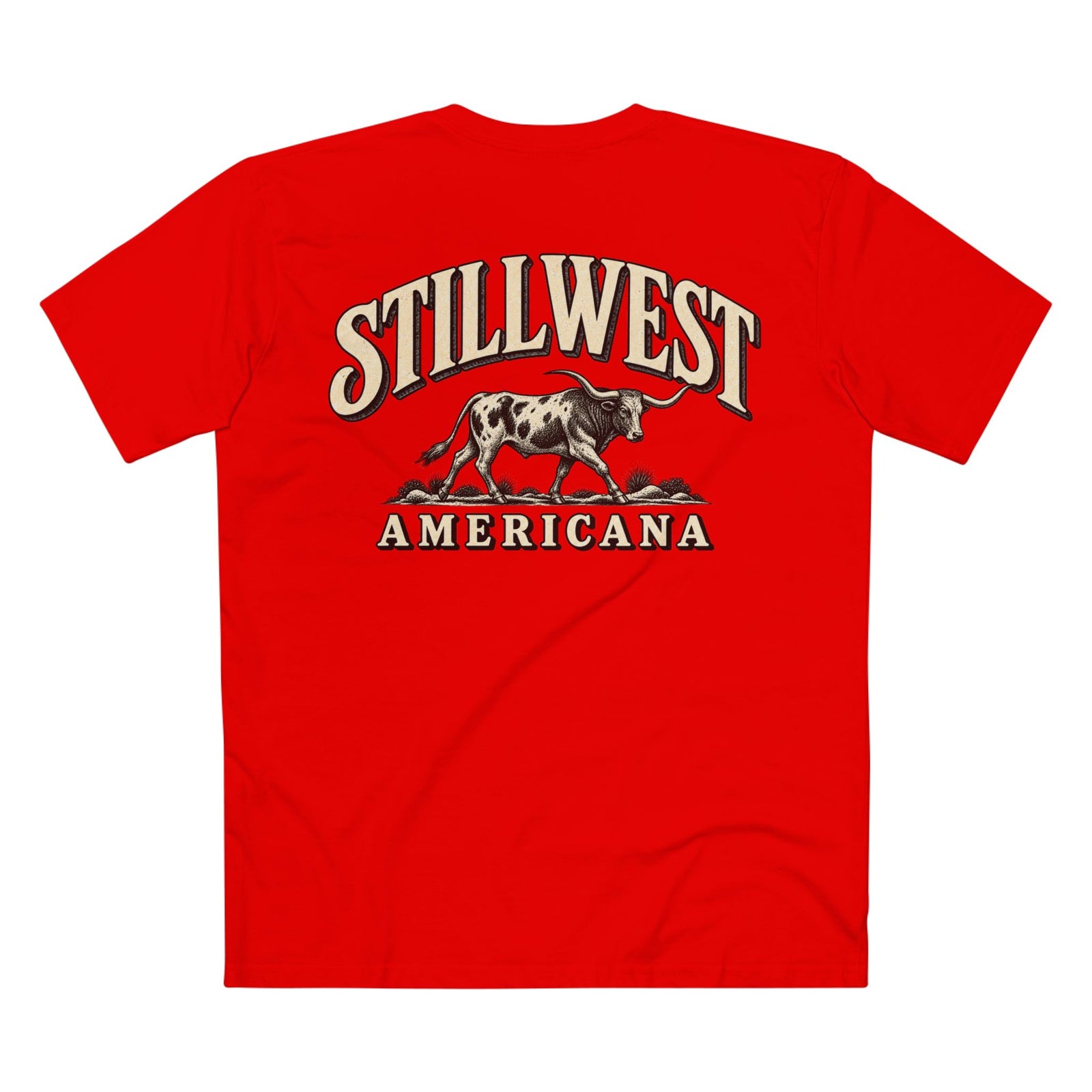 A bright red short-sleeve t-shirt with a graphic on the back featuring the words 'STILLWEST AMERICANA' in cream and black, with a steer illustration in the center.