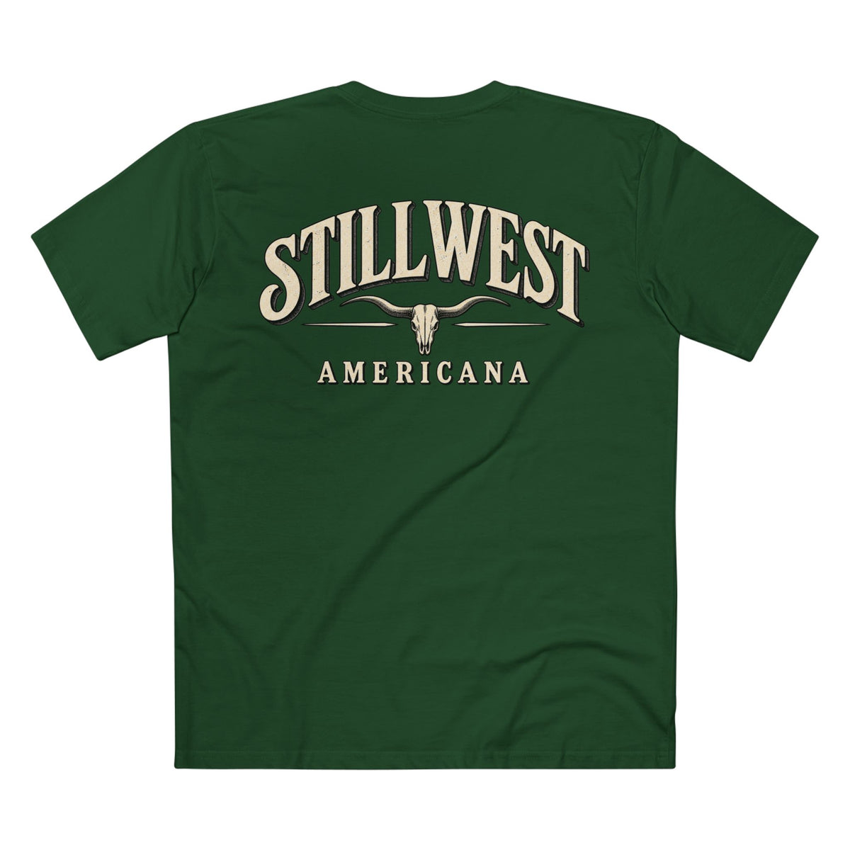 A dark green short-sleeve t-shirt shown from the back, featuring a cream-colored graphic print with the words 'STILLWEST AMERICANA' and a longhorn skull design.