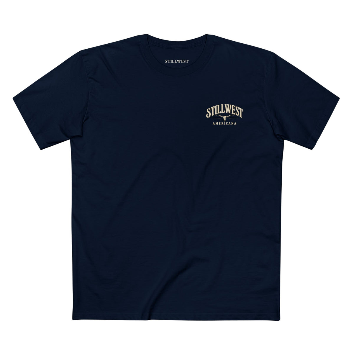 A navy t shirt with the words Stillwest Americana and a longhorn skull on the front.