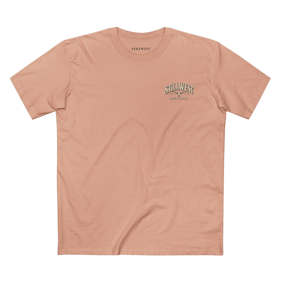 A peach t shirt with the words Stillwest Americana and a longhorn skull on the front.