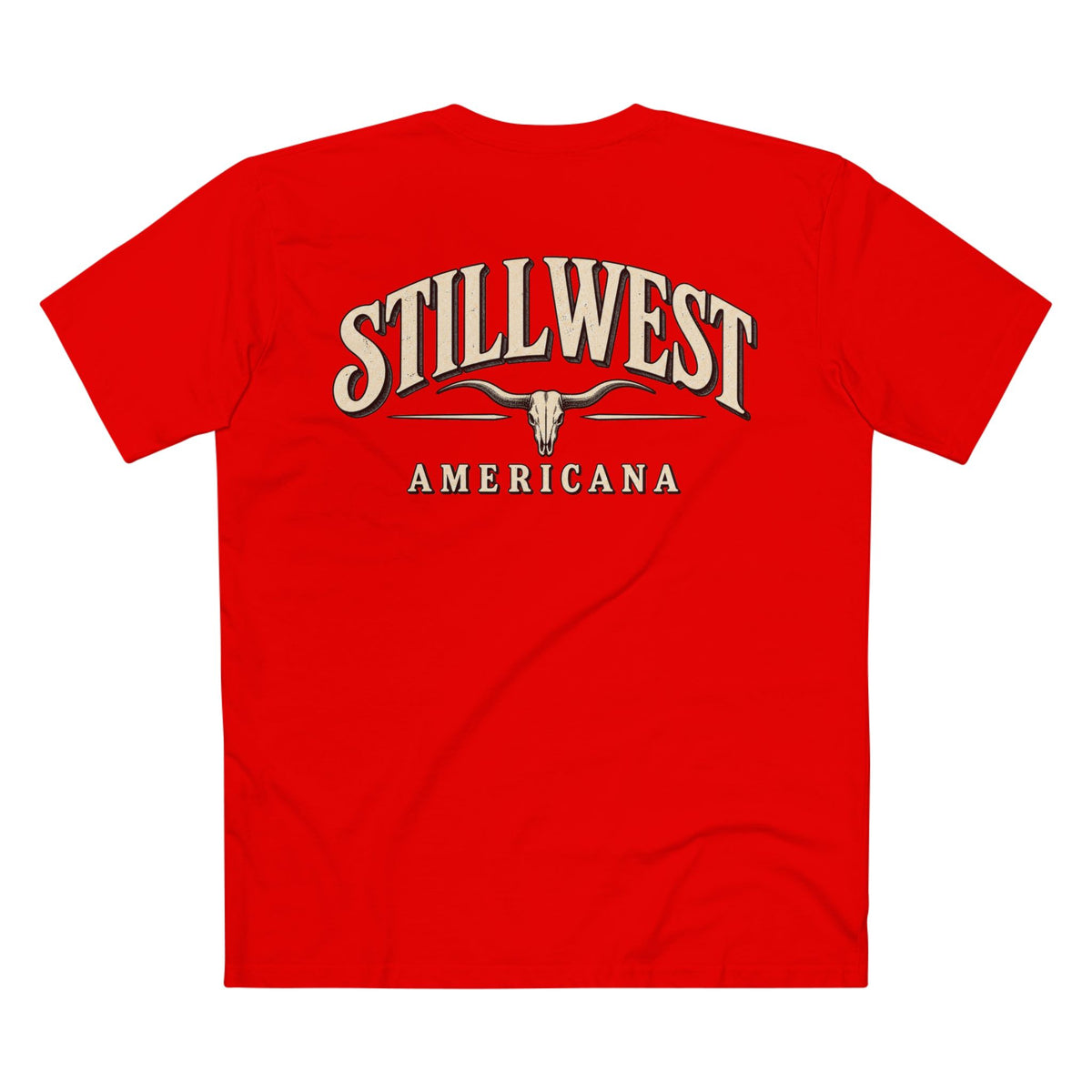 A bright red short-sleeve t-shirt with a graphic on the chest reading 'STILLWEST AMERICANA' in cream and white with a longhorn skull design, shown against a plain white background.