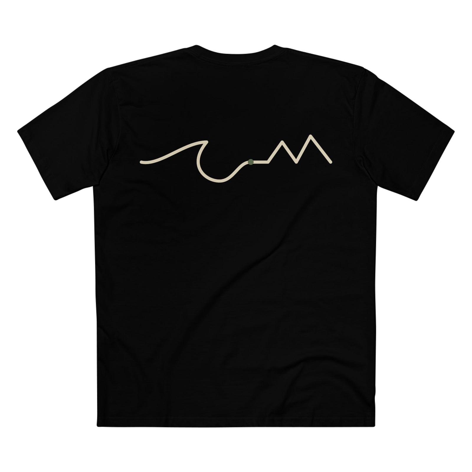 Black t-shirt with a white mountain graphic on the back against a white background