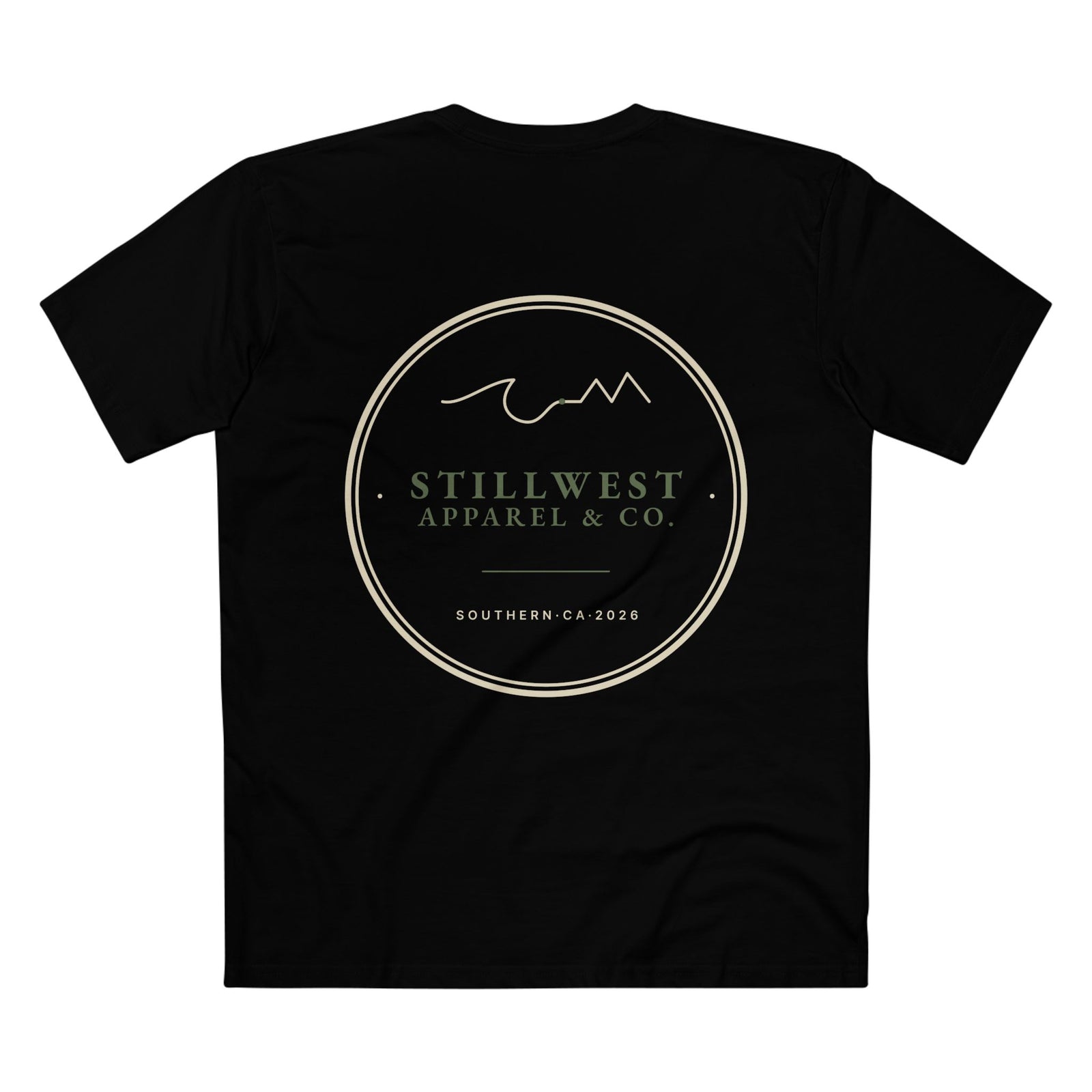 Black t-shirt with 'Stillwest Apparel & Co.' logo on a white background