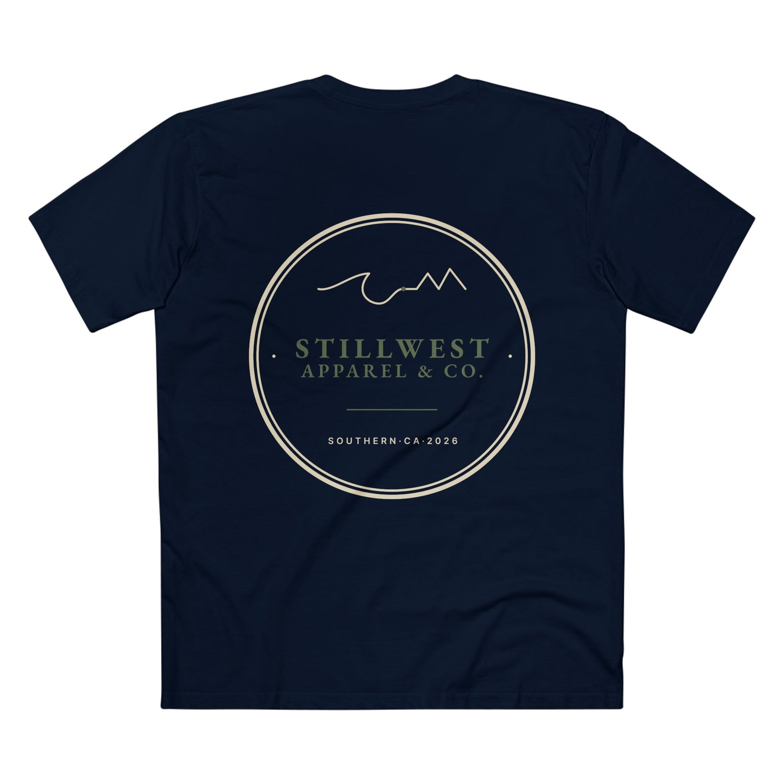 Navy blue t-shirt with 'Stillwest Apparel & Co.' logo on a white background