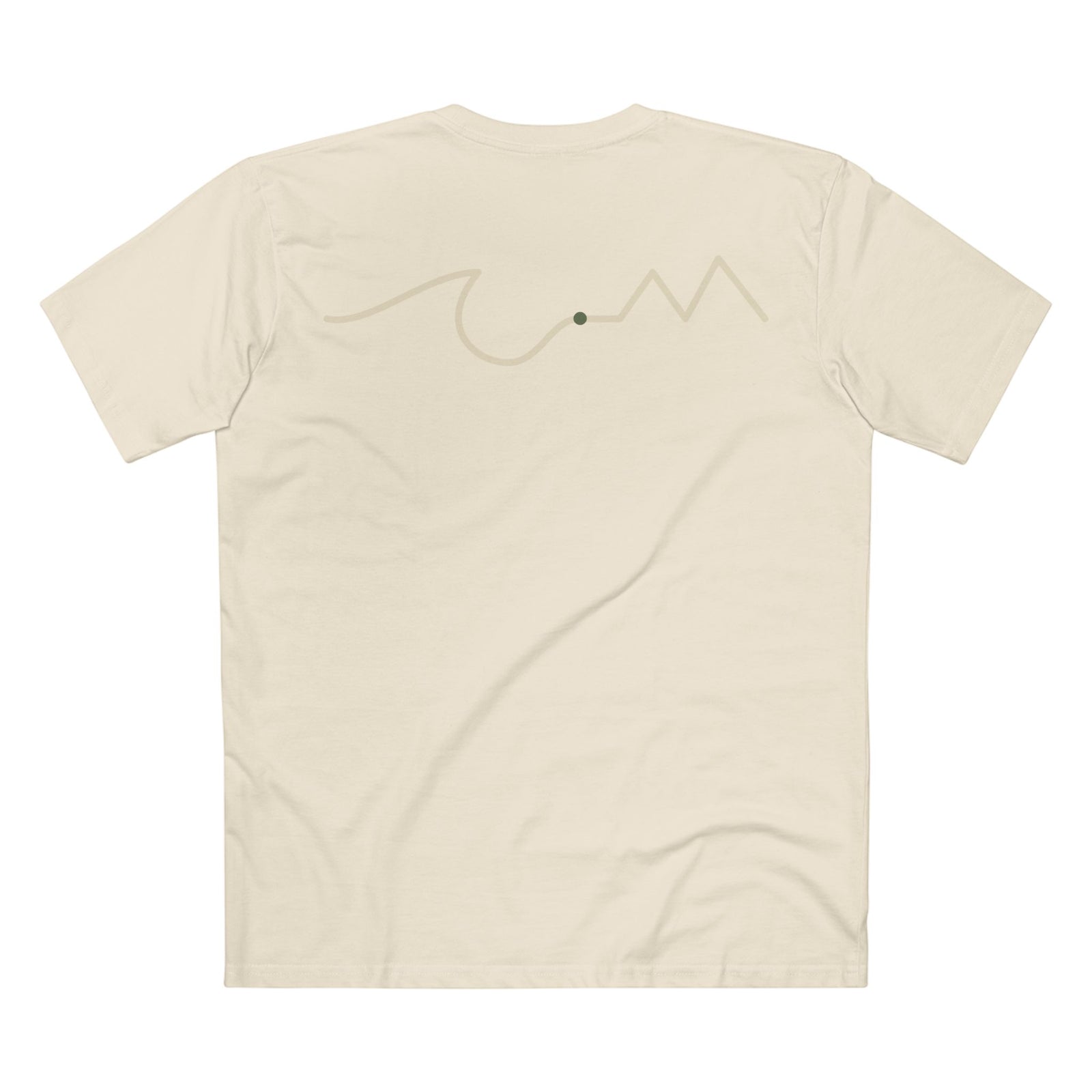 Beige t-shirt with a small graphic on the back against a white background