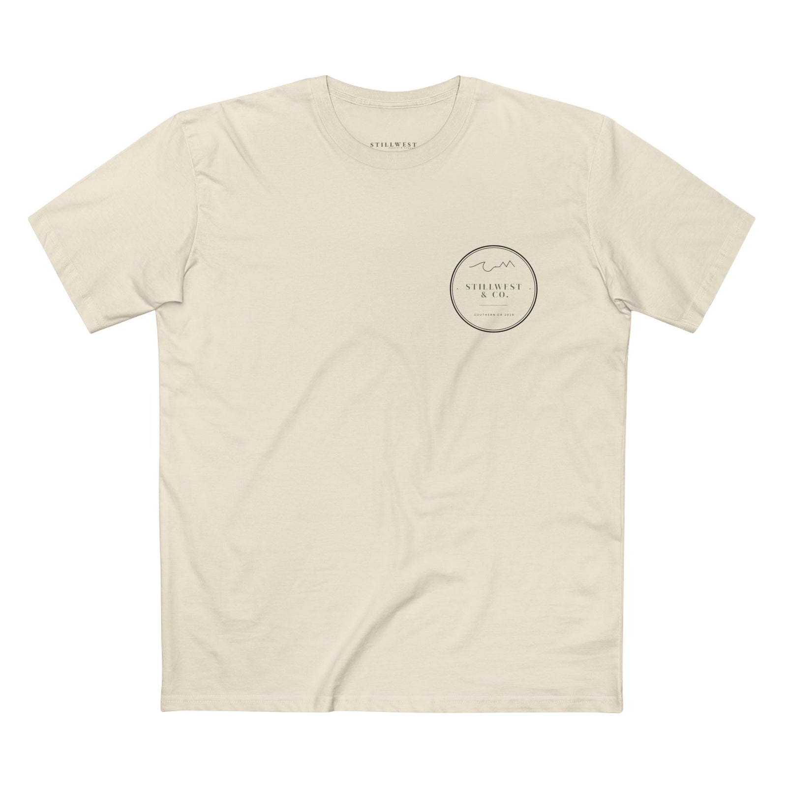 Beige t-shirt with a logo on the chest against a white background