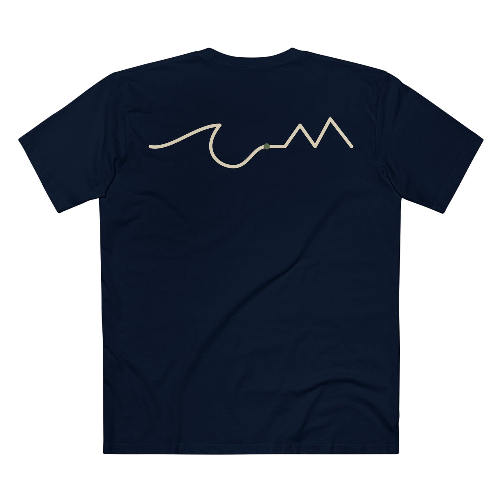 Navy blue t-shirt with a gold mountain graphic on the back against a white background