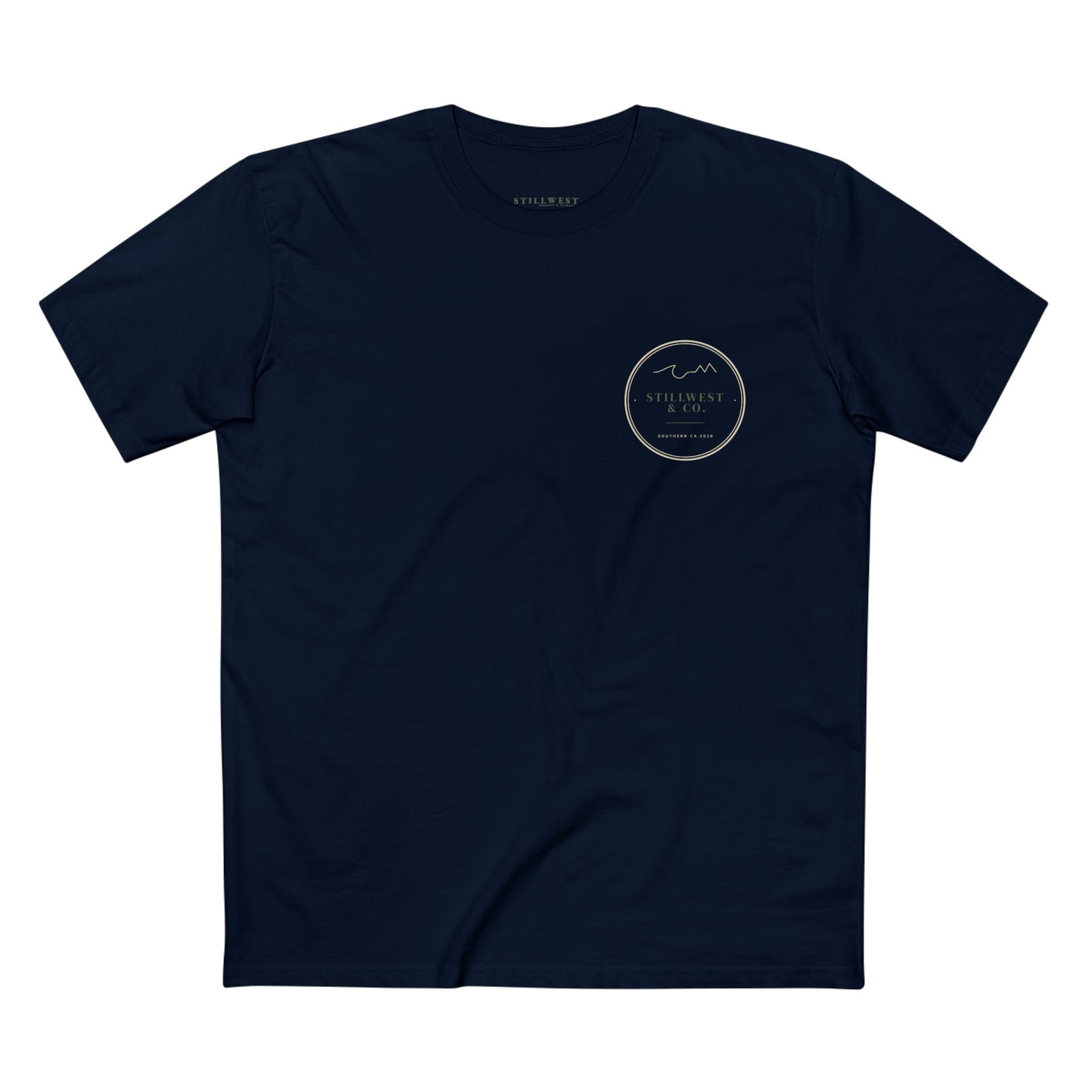 Navy blue t-shirt with a circular logo on a white background