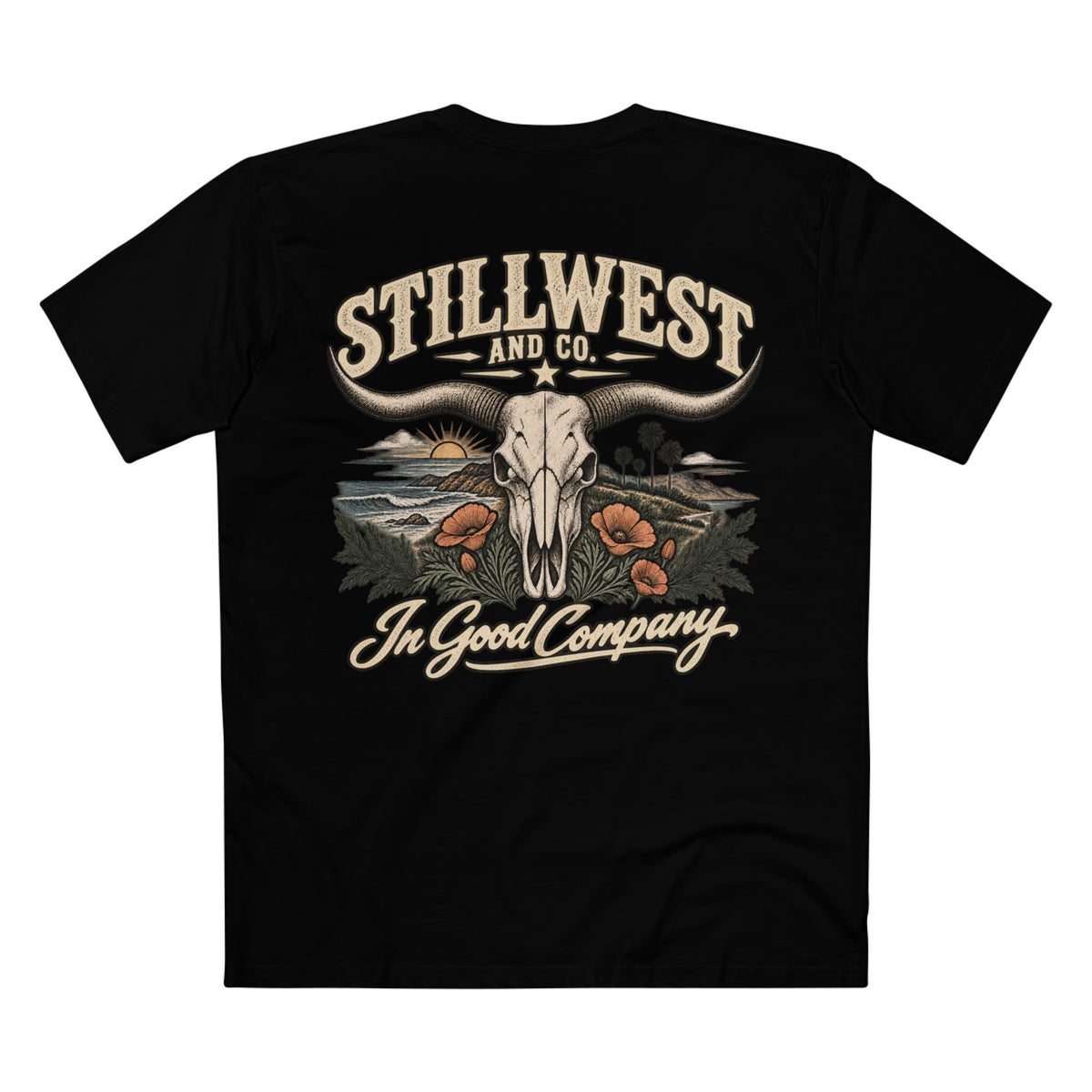 A black short-sleeve t-shirt shown from the back, featuring a large graphic print with a steer skull, longhorns, a sunset landscape, poppies, and the text 'STILLWEST AND CO.' and 'In Good Company'.