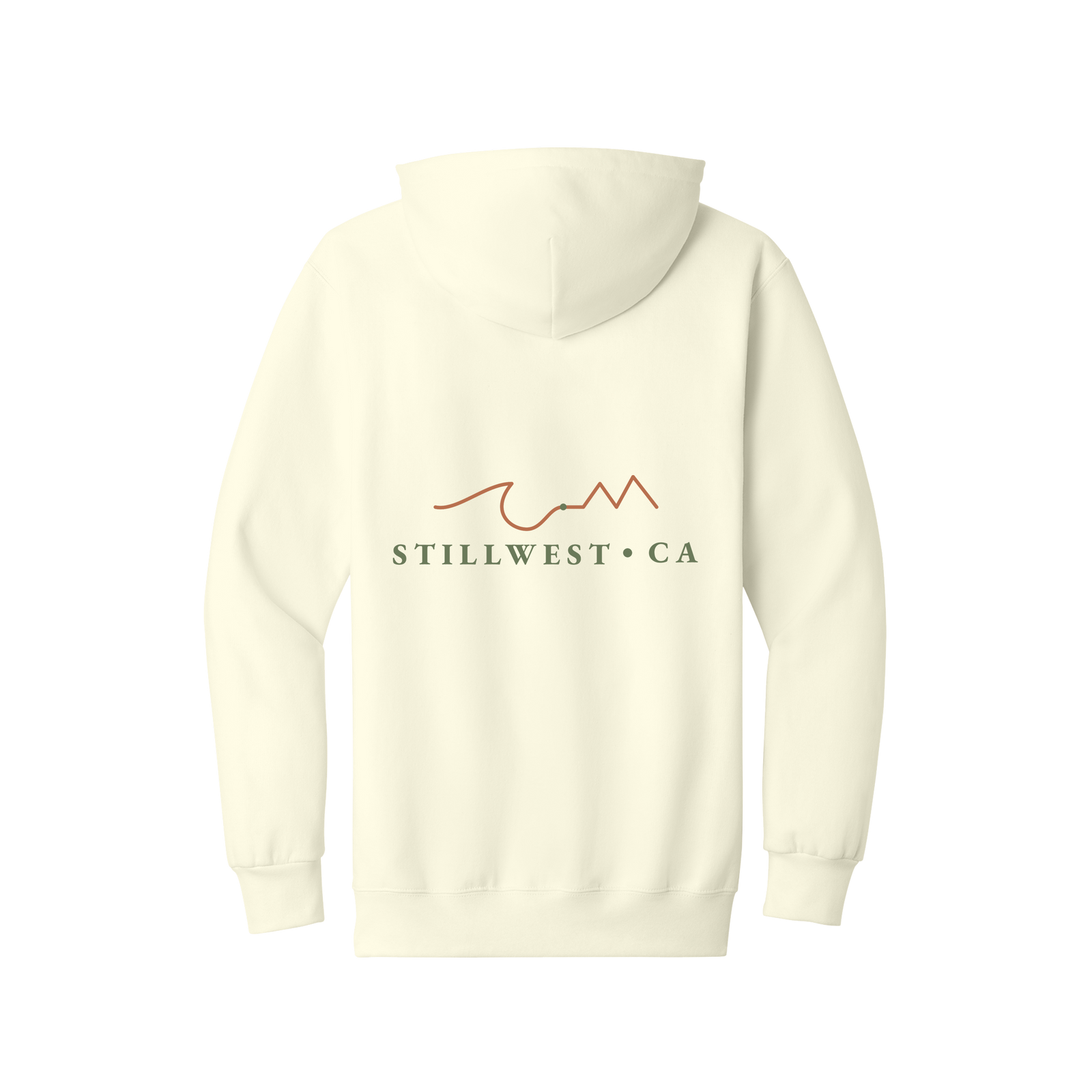 White hoodie with 'Stillwest CA' logo on the back against a white background