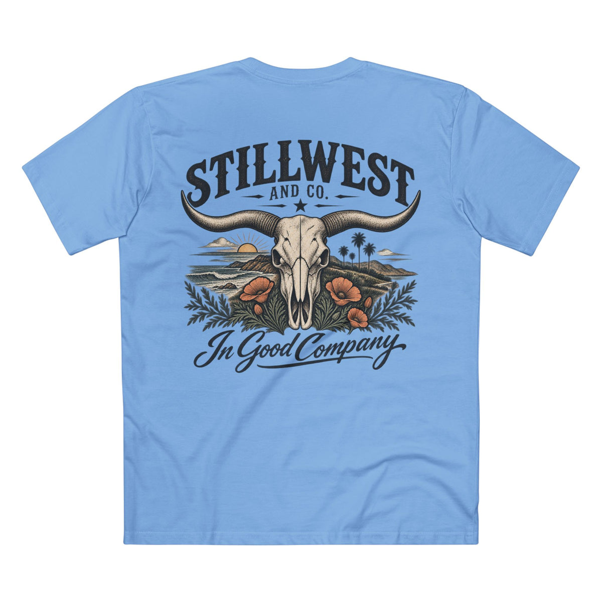 A light blue short-sleeve t-shirt shown from the back, featuring a large graphic print of a steer skull with long horns, desert scenery, and the text 'STILLWEST AND CO. In Good Company'.