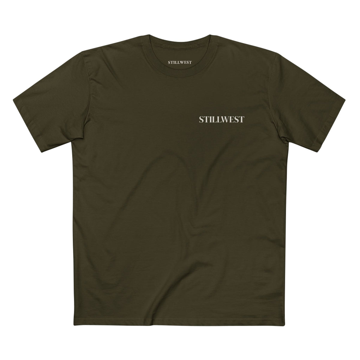 An olive green short-sleeve t-shirt with 'STILLWEST' printed in white serif text on the left chest, displayed flat against a solid white background.