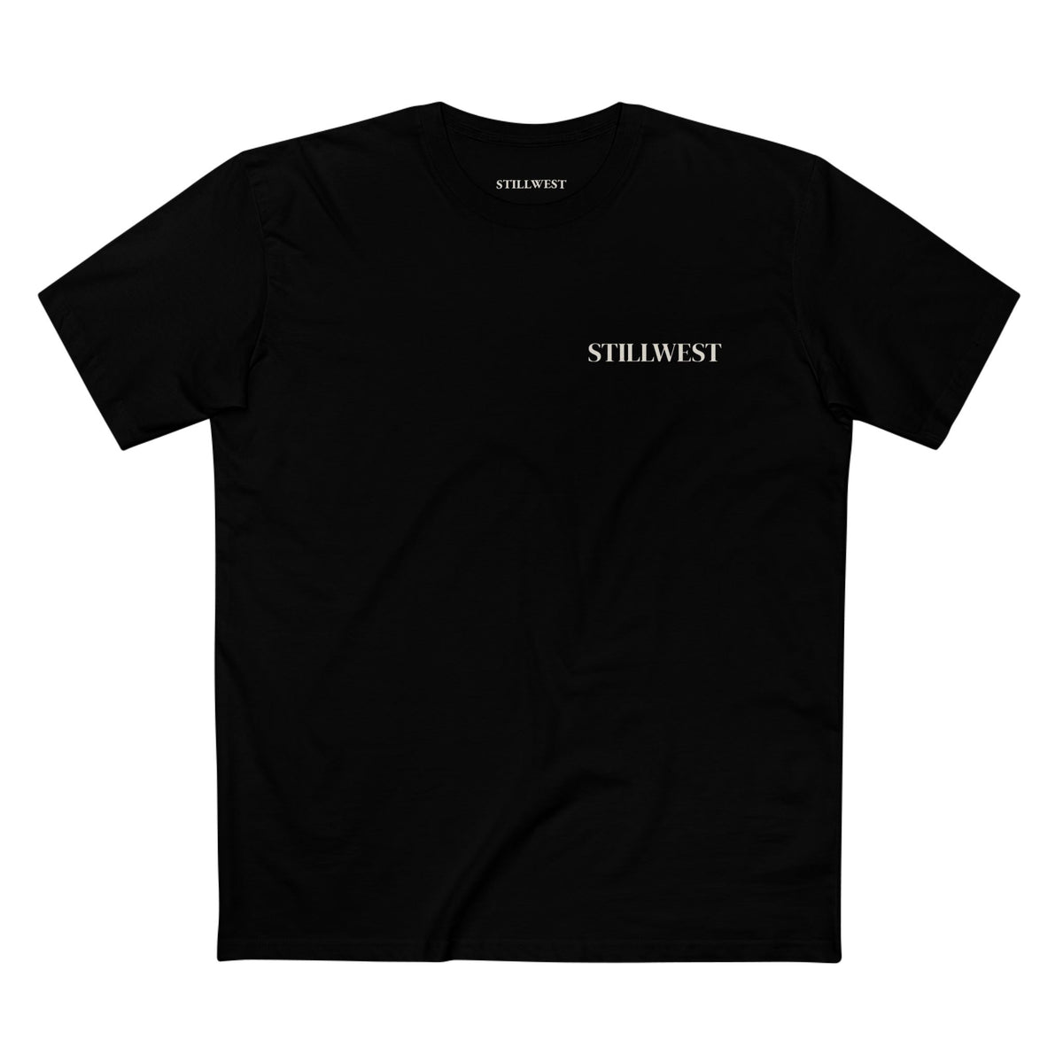 Black t shirt with the word STILLWEST on the front
