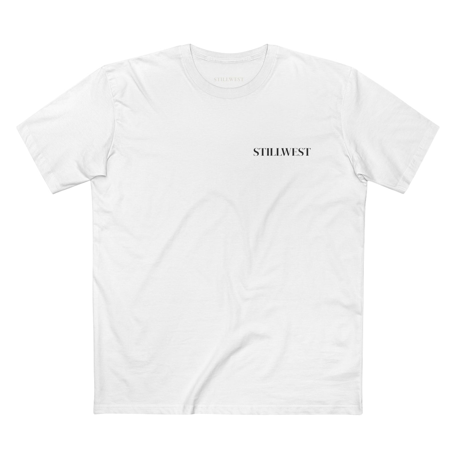A white short-sleeve crewneck t-shirt with the brand name 'STILLWEST' printed in black serif font on the left chest, displayed flat against a solid white background.