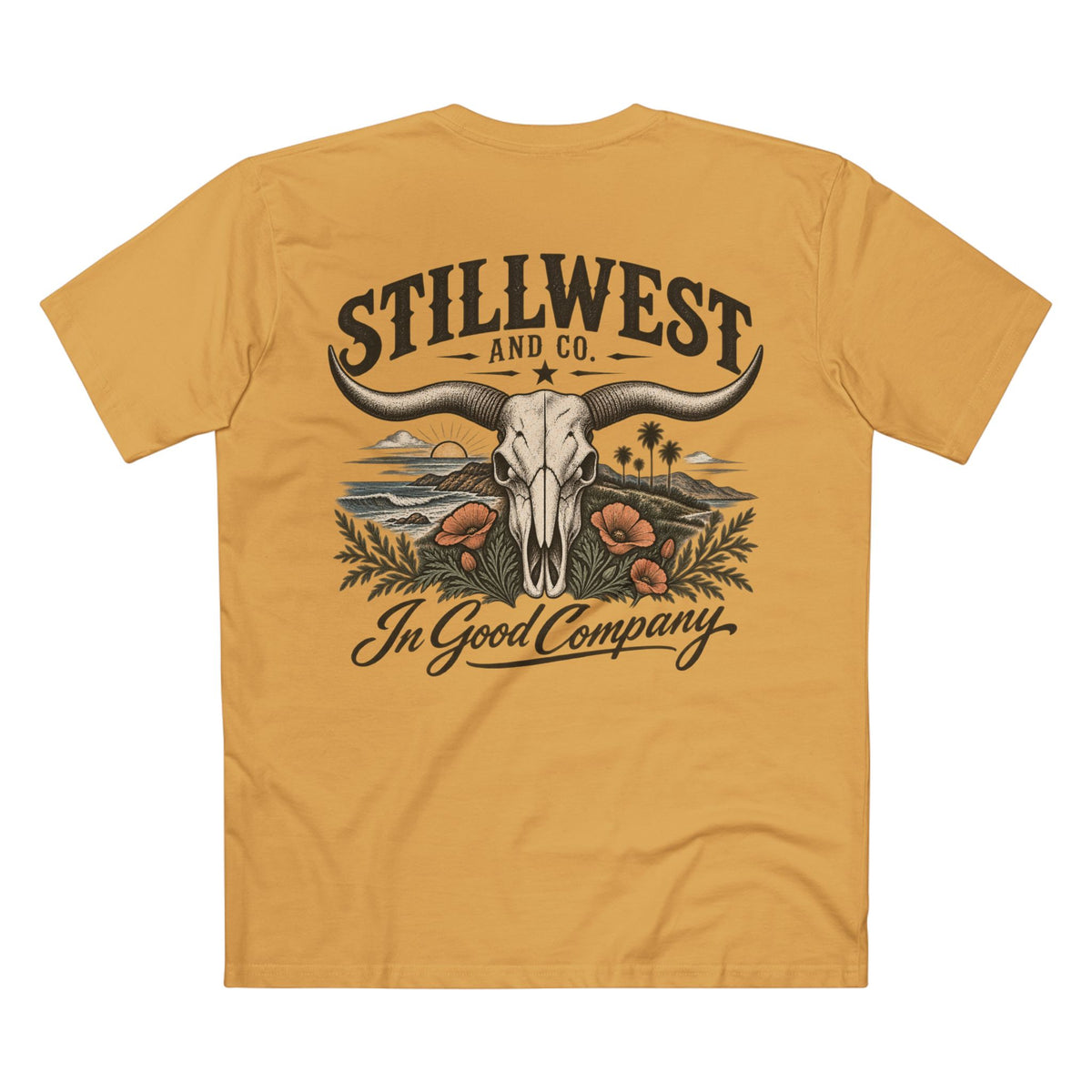 A mustard yellow t-shirt shown from the back, featuring a large graphic print of a longhorn skull, desert landscape, and the text 'STILLWEST AND CO. In Good Company'.