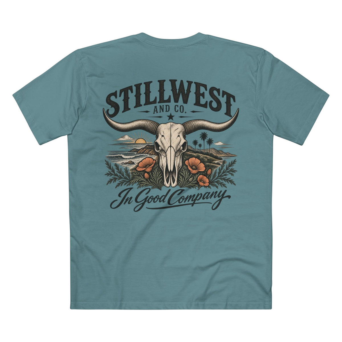 A teal blue short-sleeve t-shirt shown from the back, featuring a large graphic print of a steer skull with long horns, desert scenery, orange poppies, and the text 'STILLWEST AND CO. In Good Company'.
