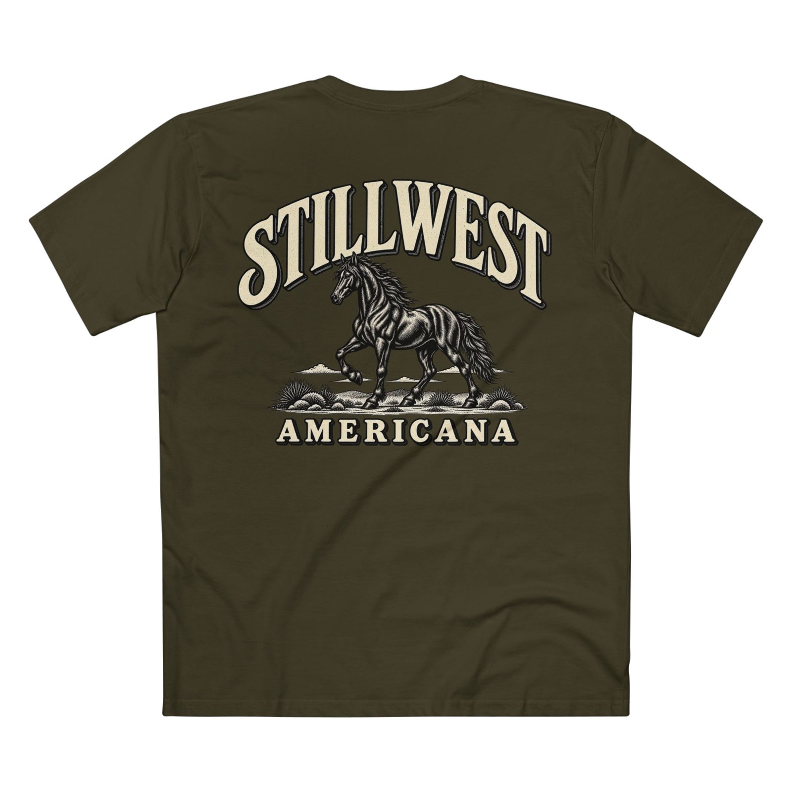 An olive green short-sleeve t-shirt shown from the back, featuring a large graphic print of a Mustang Horse with the words 'STILLWEST AMERICANA' in cream and black.