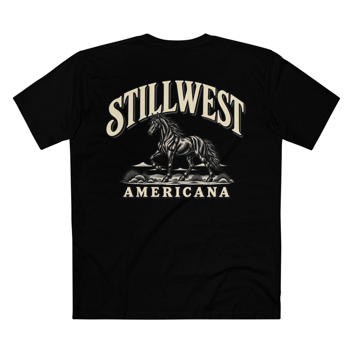 A black short-sleeve t-shirt with a vintage-style graphic on the back featuring the words 'STILLWEST AMERICANA' in cream lettering and a black-and-white illustration of a horse.