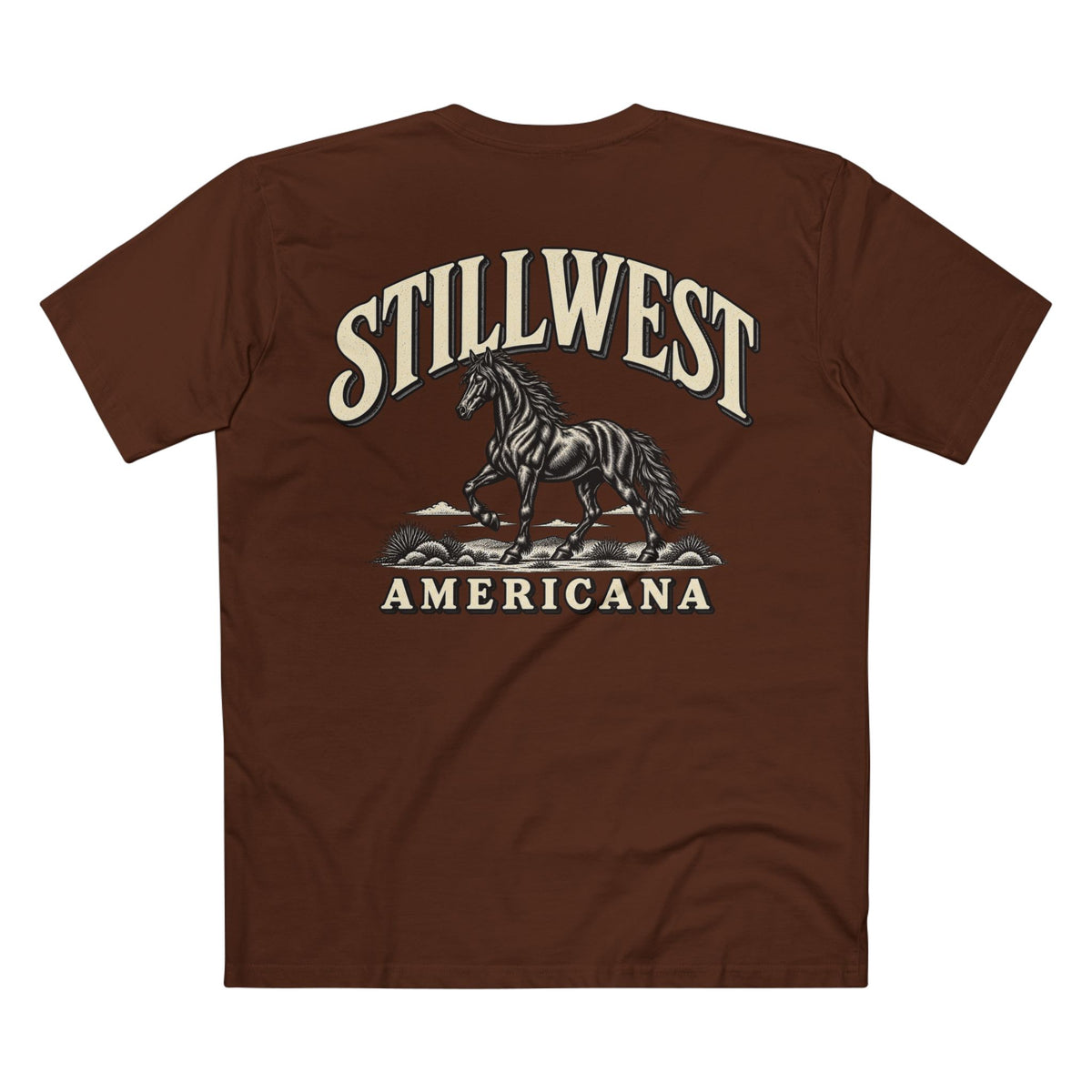 A brown short-sleeve t-shirt shown from the back, featuring a graphic print of a black horse with a white mane and the words 'STILLWEST AMERICANA' in cream and dark blue.