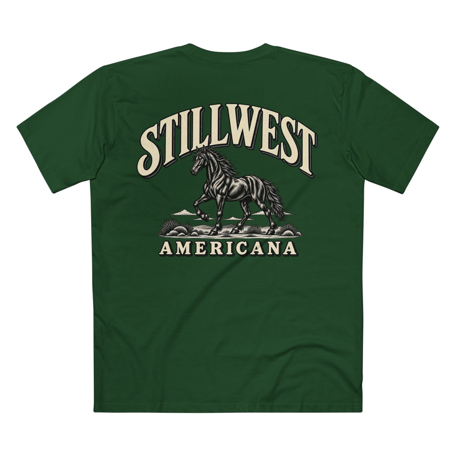 A dark green short-sleeve t-shirt shown from the back, featuring a graphic print of a black and a Mustang horse with the words 'STILLWEST AMERICANA' in cream-colored lettering.
